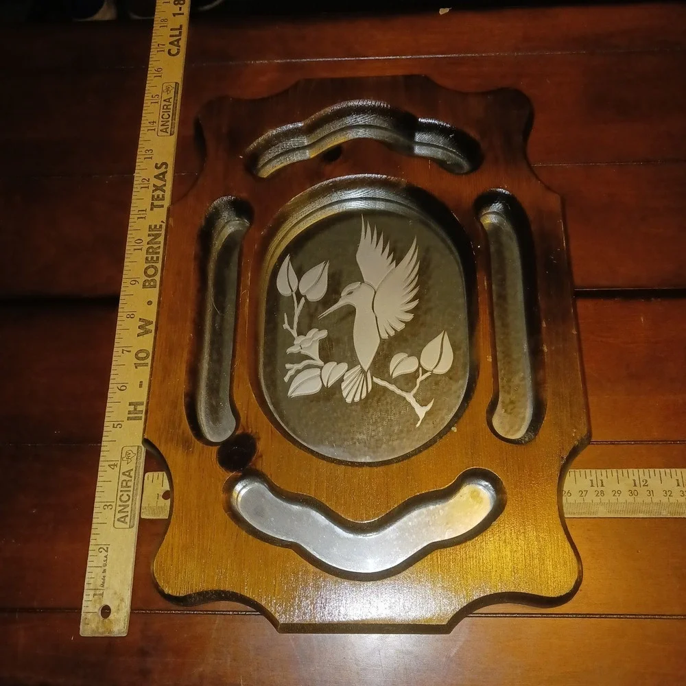 Vintage Wood mirror wall art acid etched w hummingbird & trumpet vine 15x11x1